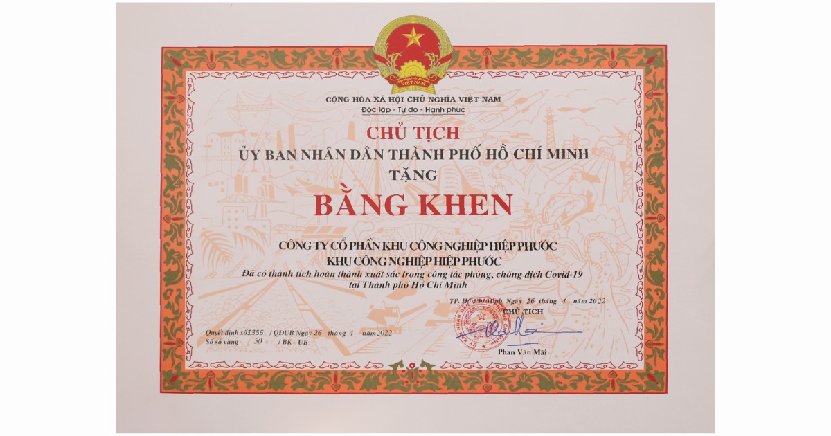 Bằng khen của UBND TP. HCM: Hoàn thành xuất sắc trong công tác phòng, chống dịch Covid-19 | Khu Công Nghiệp Hiệp Phước