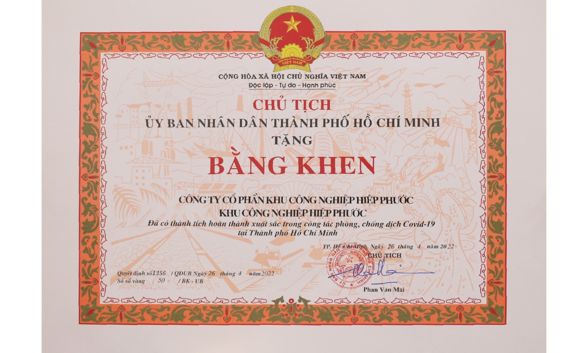 Bằng Khen Của Ubnd Tp. Hcm: Hoàn Thành Xuất Sắc Trong Công Tác Phòng, Chống Dịch Covid-19 | Khu Công Nghiệp Hiệp Phước