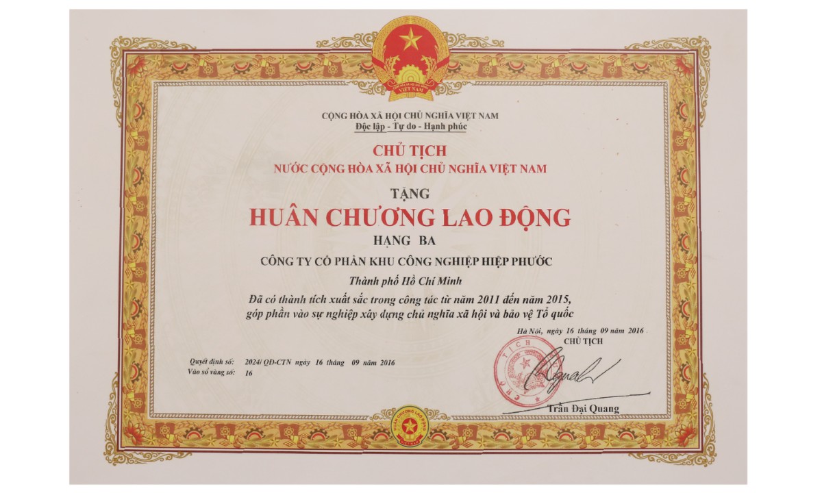 Công Ty Cổ Phần Khu Công Nghiệp Hiệp Phước Nhận Huân Chương Lao Động Hạng 3 | Khu Công Nghiệp Hiệp Phước